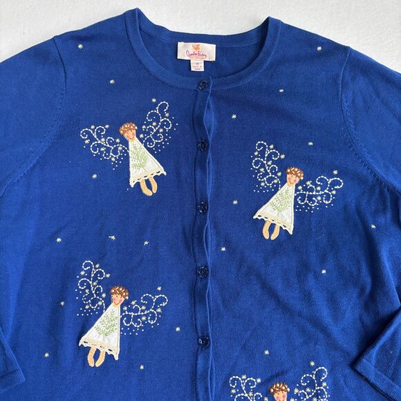 Quacker Factory Novelty Angel Christmas Cardigan Sweater Women's M Blue Fairy - Picture 2 of 9